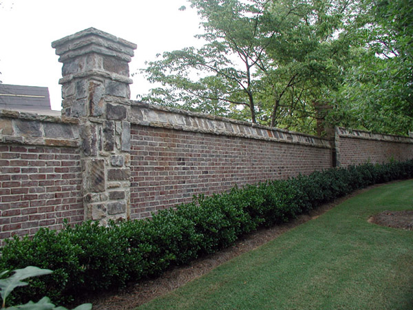 brick fence wall with Ashlar Column with Gray Mortar Joint