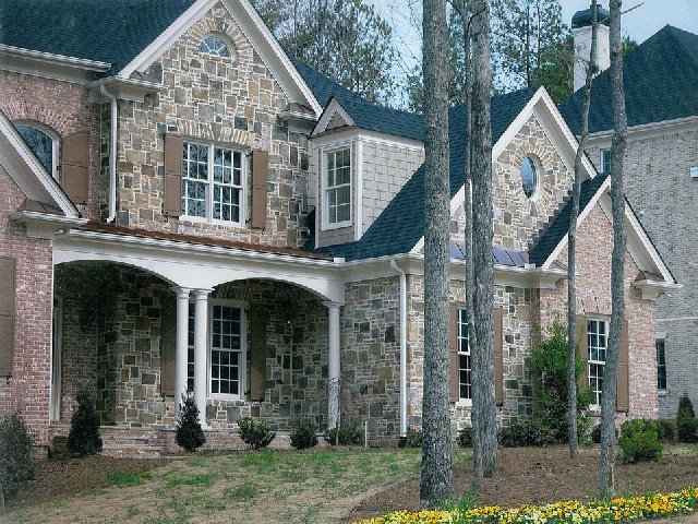 Ashlar Fieldstone and Stack with White Mortar Joints