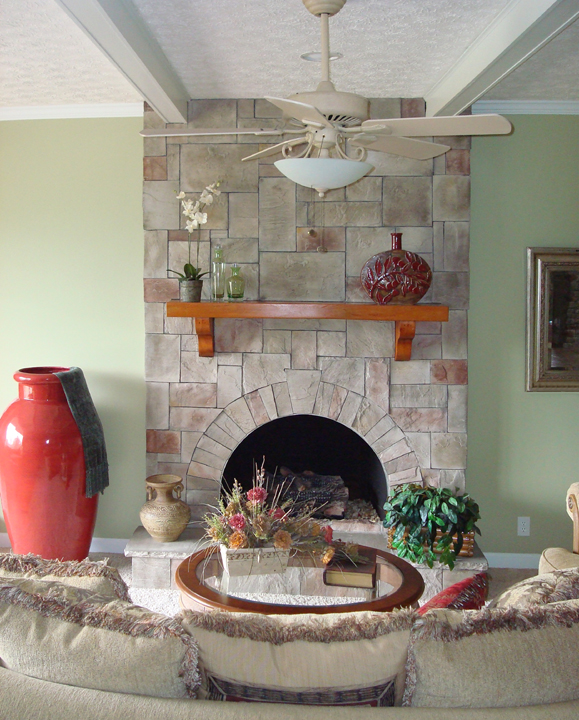 Flagstone Fireplace with flower pots mounted above