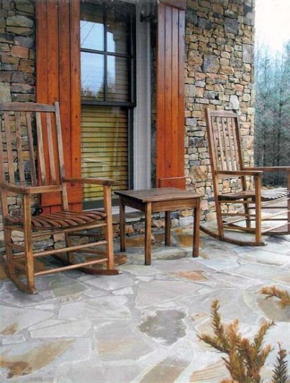 Crab Orchard Flagstone with Wall and wooden chairs