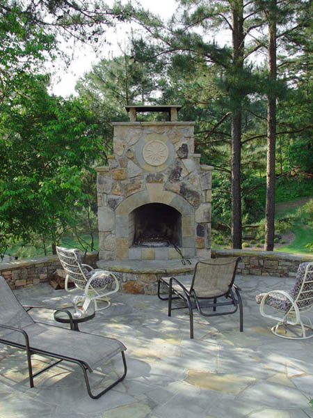 A close shot of Gray Flagstone patio and fire pit area